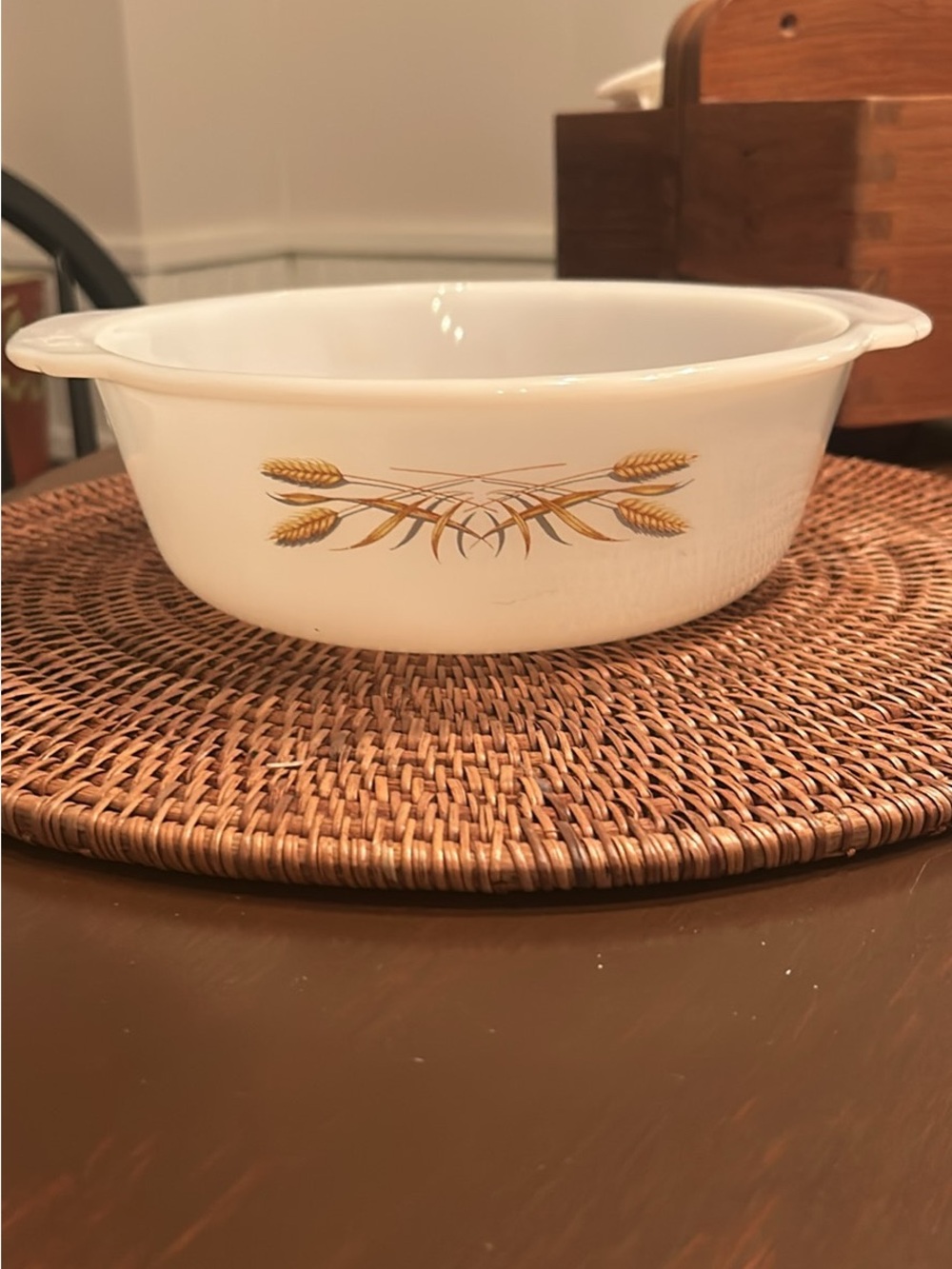 Fire King White Casserole Dish with Gold Wheat Motif 2 qt